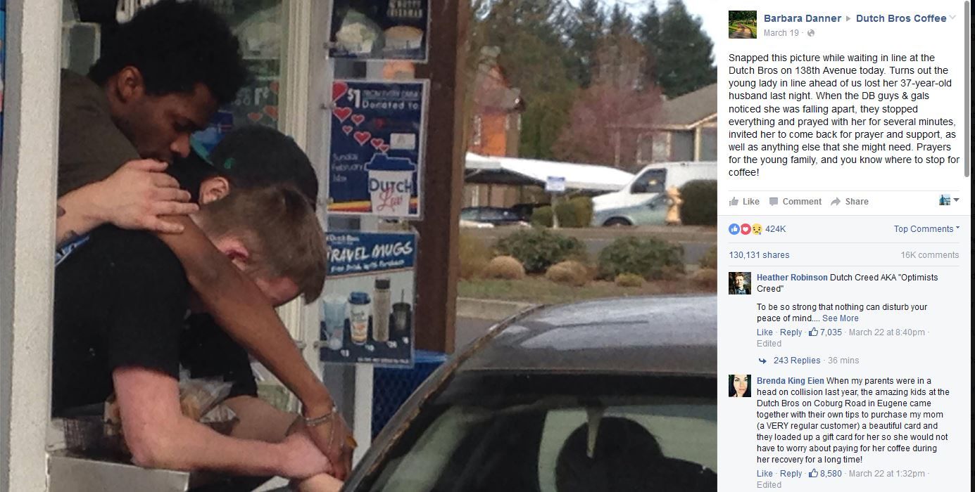 Coffee workers pray with grieving customer whose husband passed away