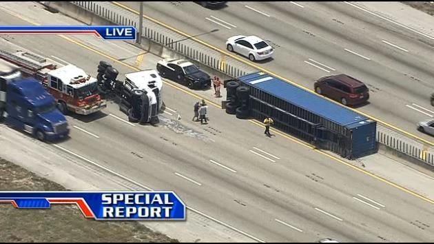 I-95 north partly closed by overturned truck in Deerfield Beach