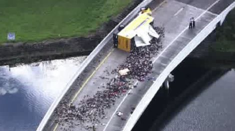 Turnpike off-ramp reopens after truck overturns, scattering shoes